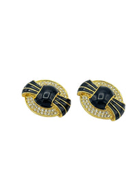 Kenneth Jay Lane KJL Art Deco Style Black Enamel Crystal Rhinestone Vintage Clip - On Earrings - 24 Wishes Vintage Jewelry