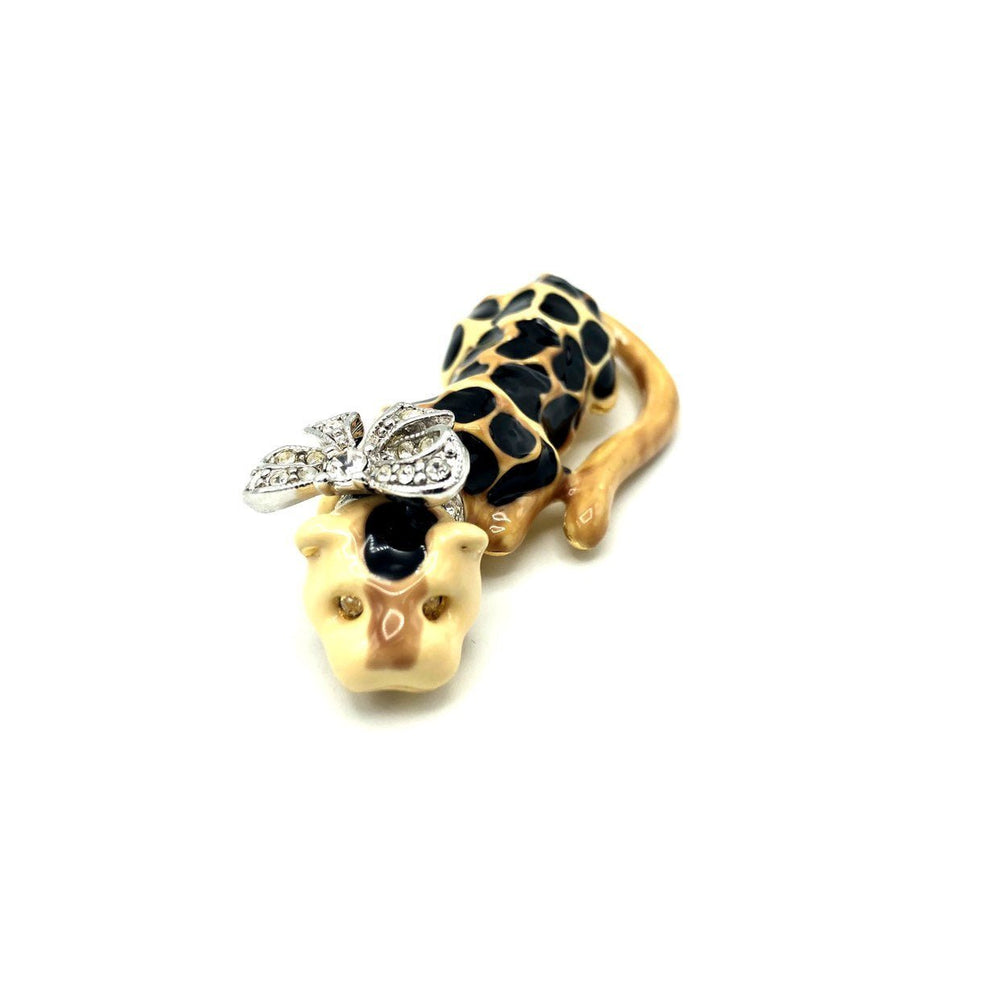 Kenneth Jay Lane KJL Black & Brown Spotted Enamel Leopard Brooch - 24 Wishes Vintage Jewelry