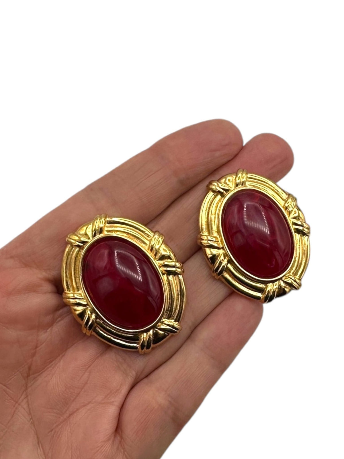 Kenneth Jay Lane KJL Gold Large Oval Red Cabochon Vintage Clip - On Earrings - 24 Wishes Vintage Jewelry