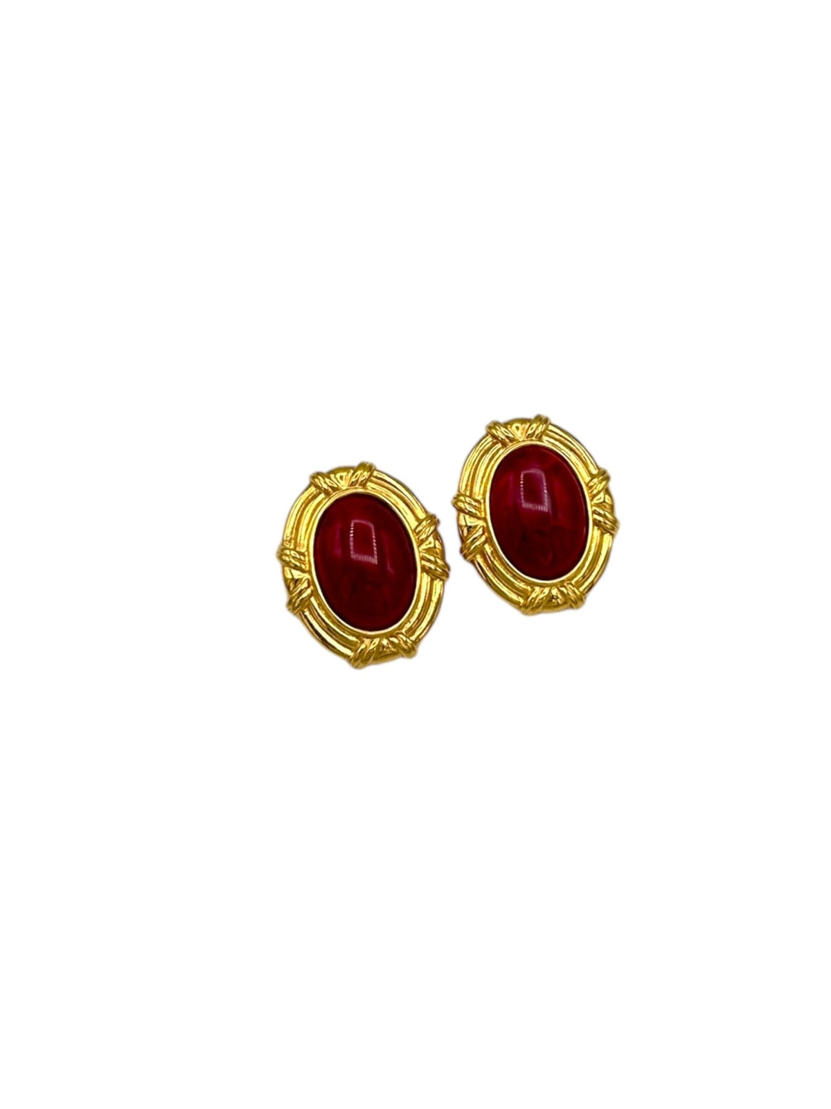 Kenneth Jay Lane KJL Gold Large Oval Red Cabochon Vintage Clip - On Earrings - 24 Wishes Vintage Jewelry