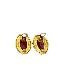 Kenneth Jay Lane KJL Gold Large Oval Red Cabochon Vintage Clip - On Earrings - 24 Wishes Vintage Jewelry