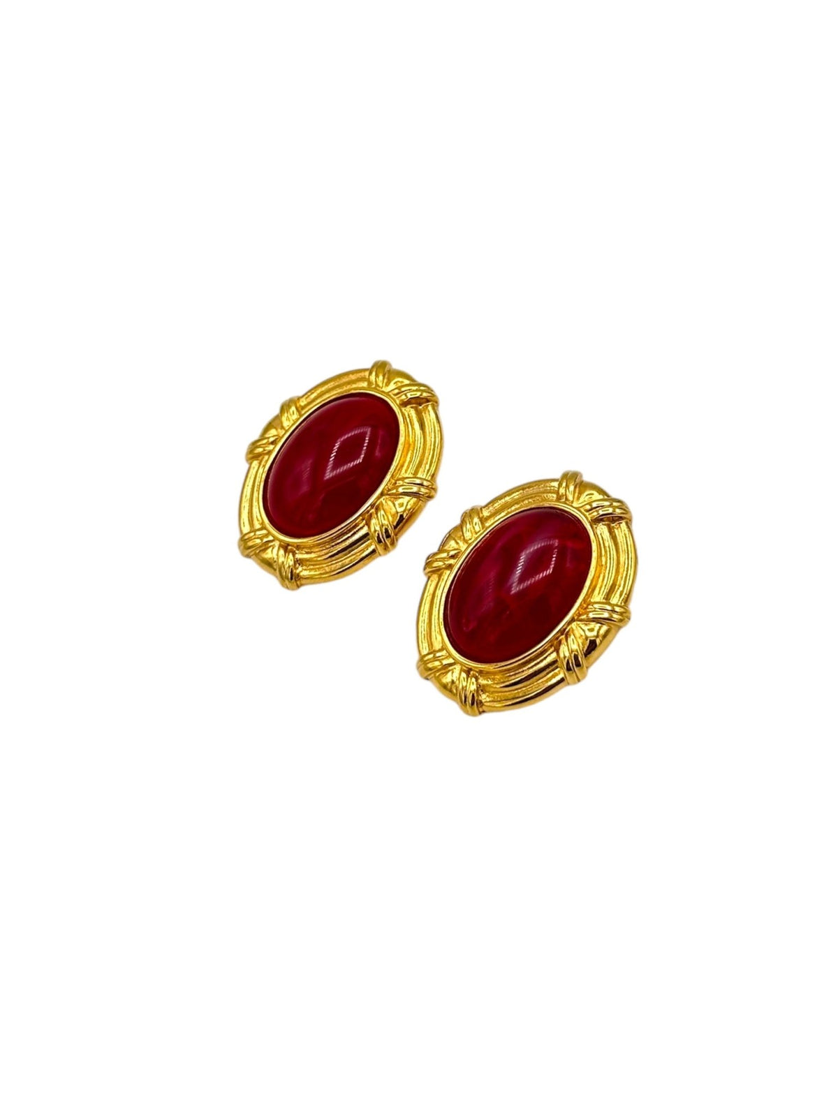 Kenneth Jay Lane KJL Gold Large Oval Red Cabochon Vintage Clip - On Earrings - 24 Wishes Vintage Jewelry