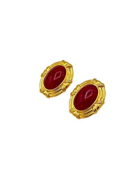 Kenneth Jay Lane KJL Gold Large Oval Red Cabochon Vintage Clip - On Earrings - 24 Wishes Vintage Jewelry