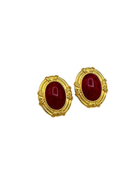 Kenneth Jay Lane KJL Gold Large Oval Red Cabochon Vintage Clip - On Earrings - 24 Wishes Vintage Jewelry