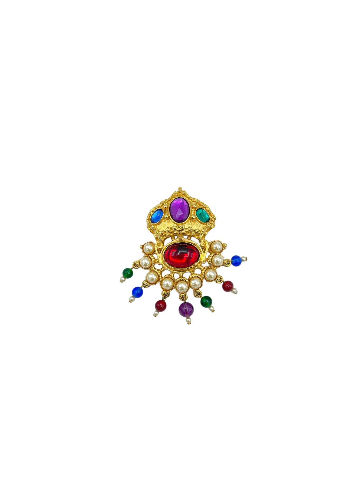 Kenneth Jay Lane KJL Gold Mogul India Jewel Colors Crown Brooch - 24 Wishes Vintage Jewelry