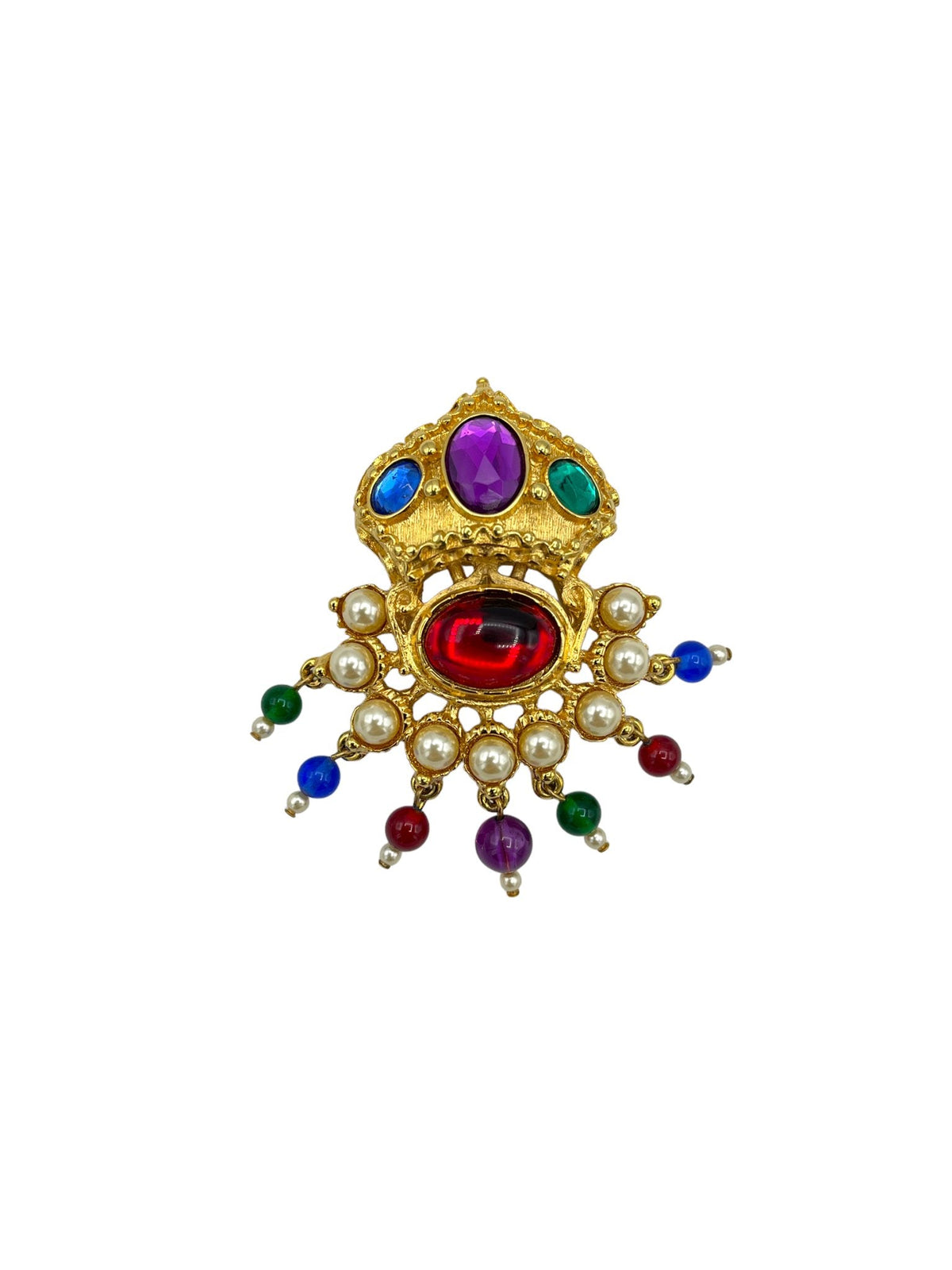 Kenneth Jay Lane KJL Gold Mogul India Jewel Colors Crown Brooch - 24 Wishes Vintage Jewelry