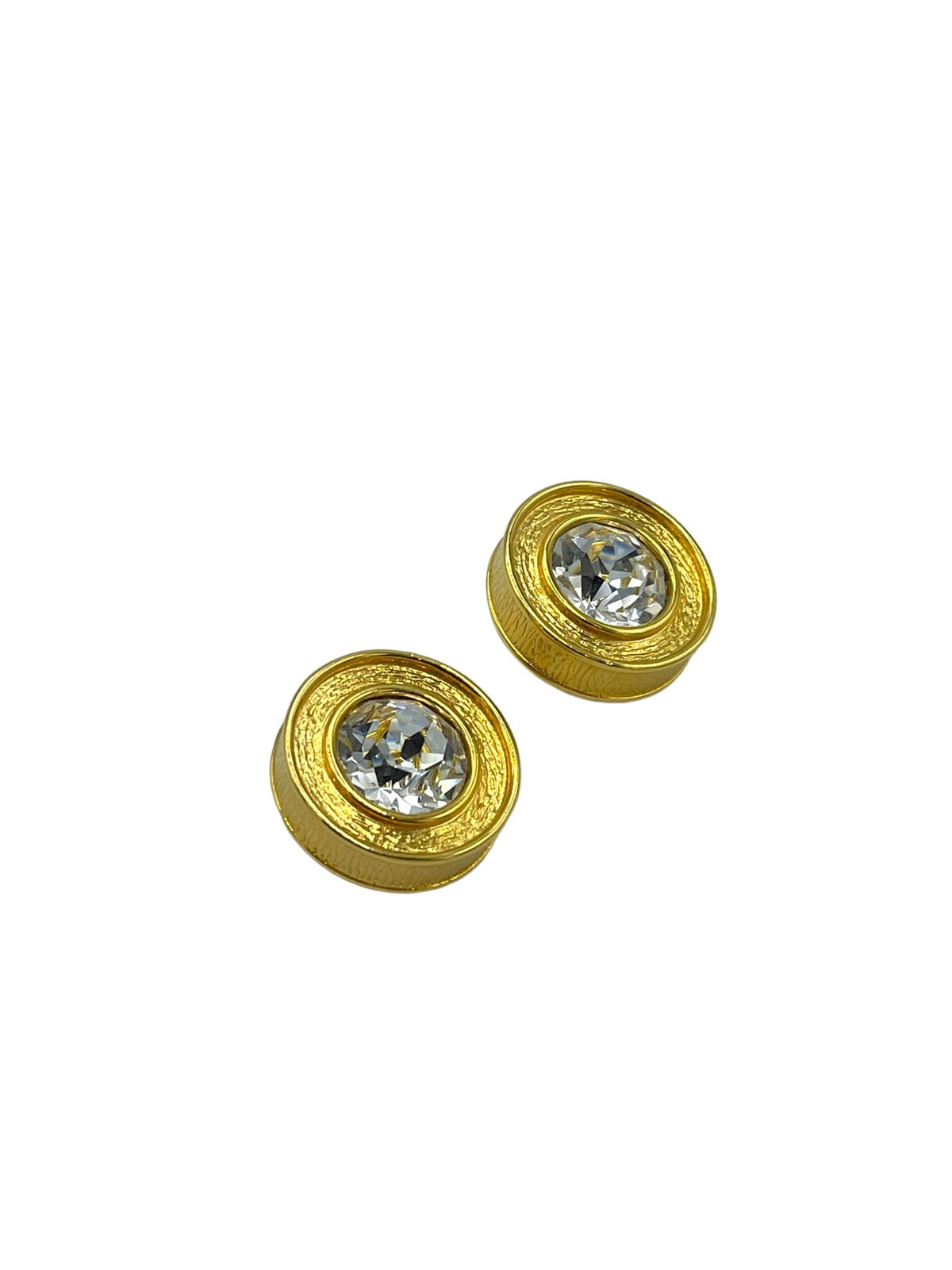 Kenneth Jay Lane KJL Gold Round Large Clear Crystal Rhinestone Vintage Clip - On Earrings - 24 Wishes Vintage Jewelry