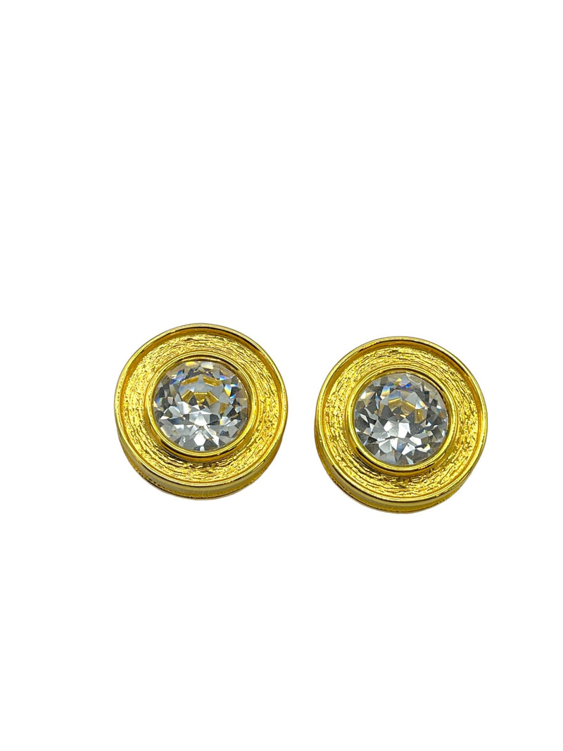 Kenneth Jay Lane KJL Gold Round Large Clear Crystal Rhinestone Vintage Clip - On Earrings - 24 Wishes Vintage Jewelry