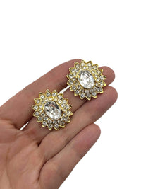 Kenneth Jay Lane KJL Oval Clear Crystal Floral Clip - On Earrings - 24 Wishes Vintage Jewelry