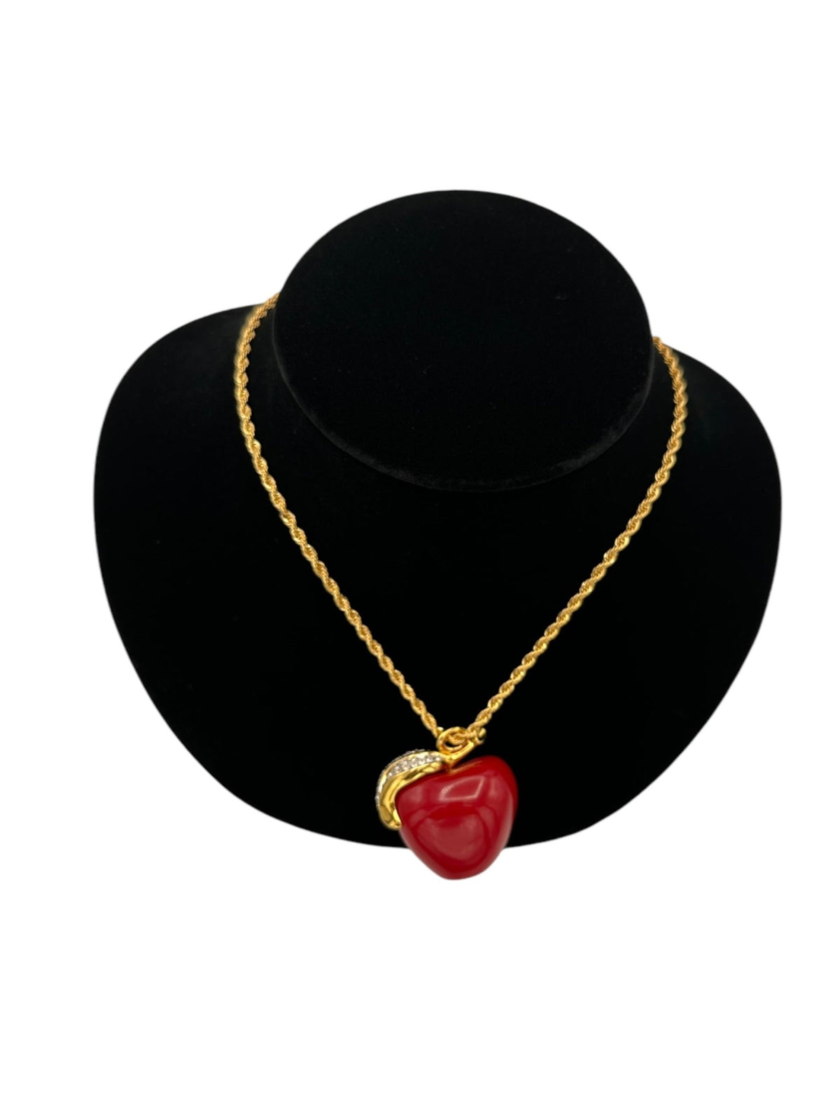 Kenneth Jay Lane KJL Red Apple Pendant Pave Rhinestone Leaf Pendant Long Gold Rope Chain - 24 Wishes Vintage Jewelry