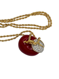 Kenneth Jay Lane KJL Red Apple Pendant Pave Rhinestone Leaf Pendant Long Gold Rope Chain - 24 Wishes Vintage Jewelry