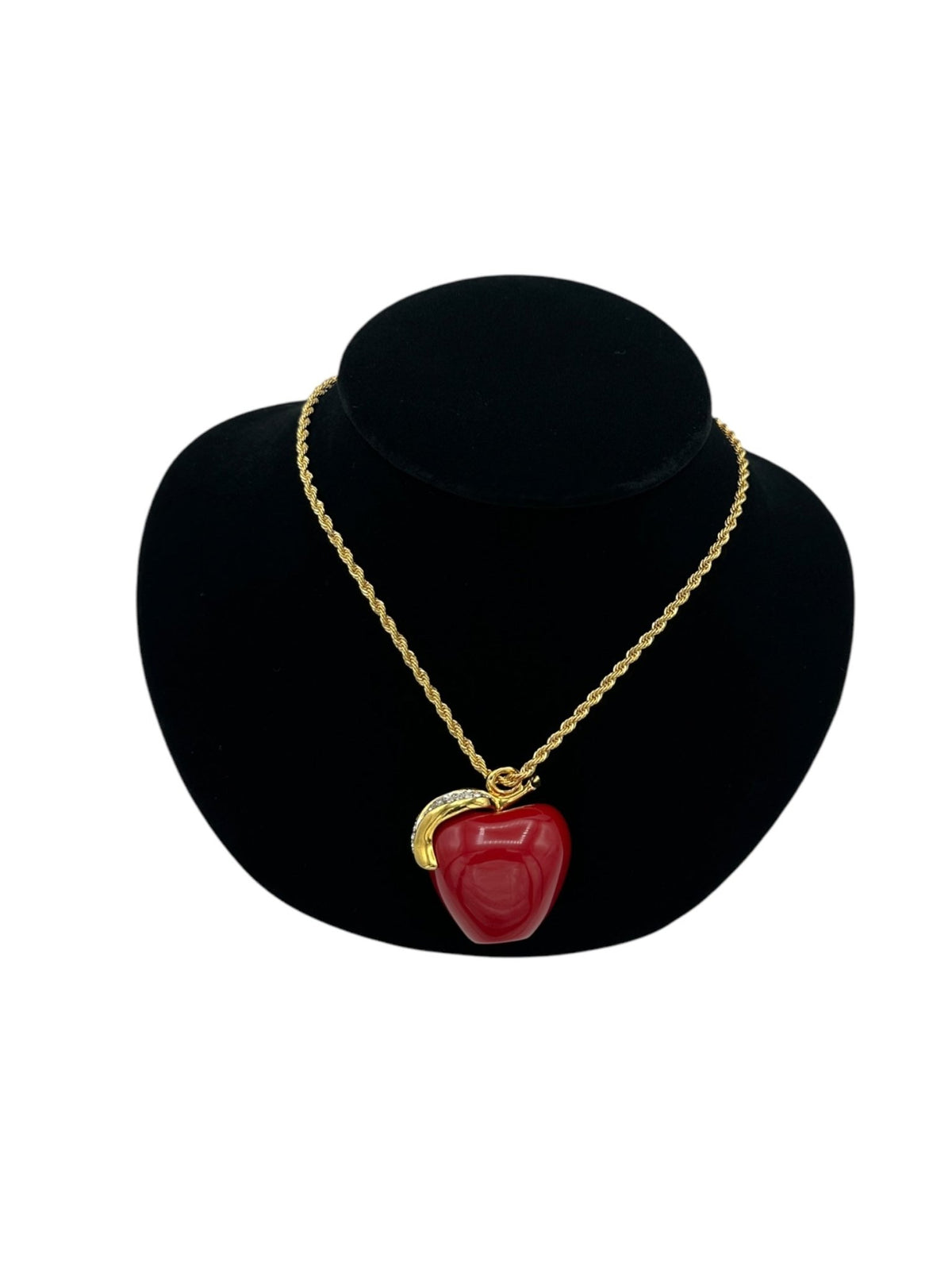 Kenneth Jay Lane KJL Red Apple Pendant Pave Rhinestone Leaf Pendant Long Gold Rope Chain - 24 Wishes Vintage Jewelry