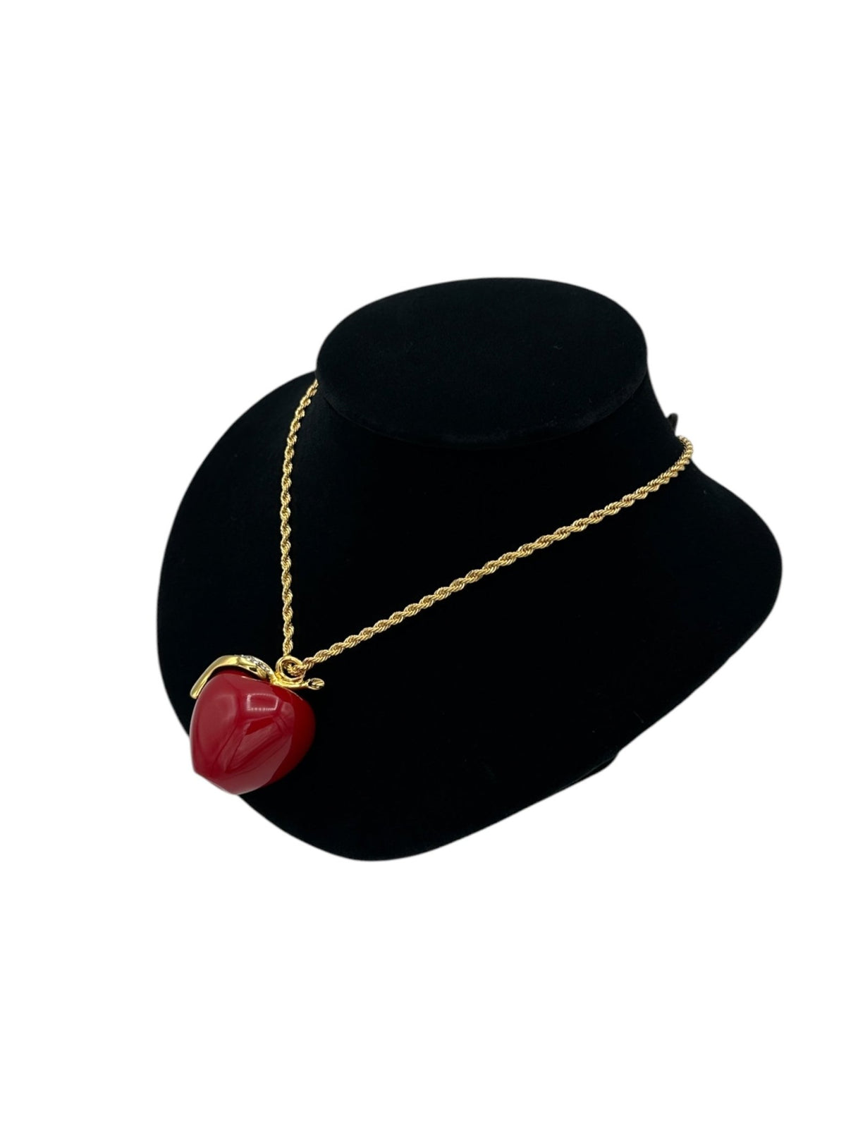 Kenneth Jay Lane KJL Red Apple Pendant Pave Rhinestone Leaf Pendant Long Gold Rope Chain - 24 Wishes Vintage Jewelry