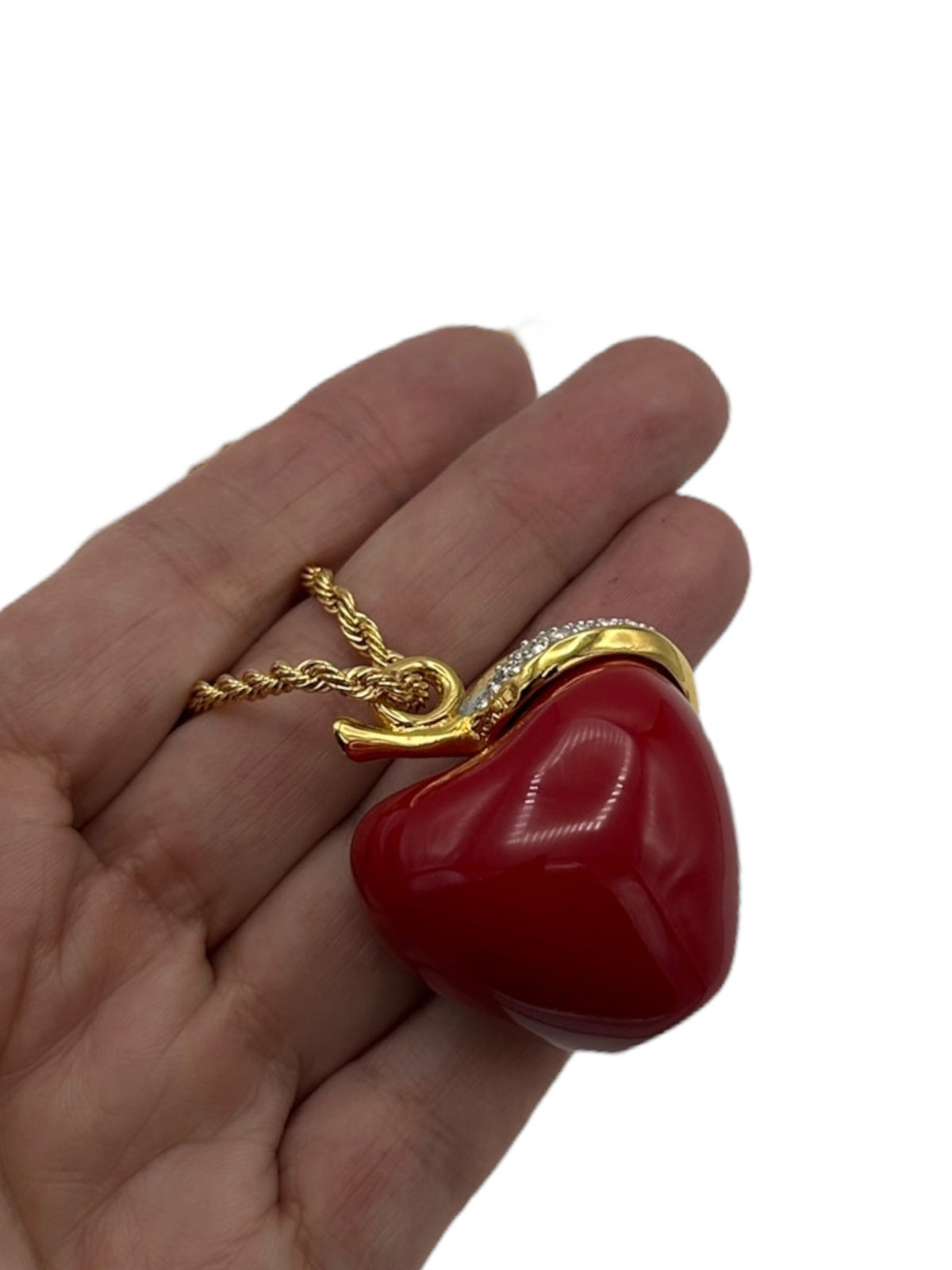 Kenneth Jay Lane KJL Red Apple Pendant Pave Rhinestone Leaf Pendant Long Gold Rope Chain - 24 Wishes Vintage Jewelry