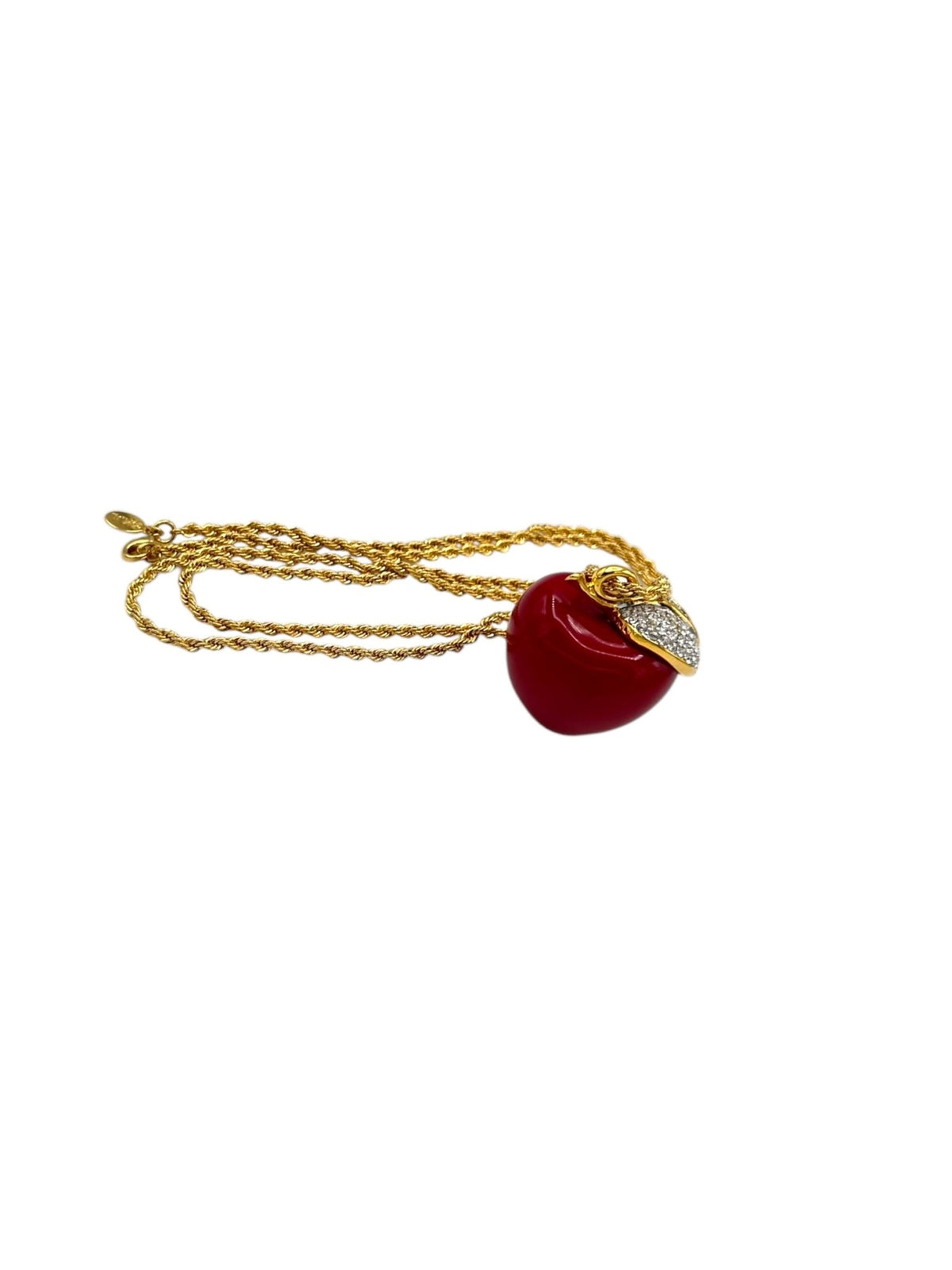 Kenneth Jay Lane KJL Red Apple Pendant Pave Rhinestone Leaf Pendant Long Gold Rope Chain - 24 Wishes Vintage Jewelry