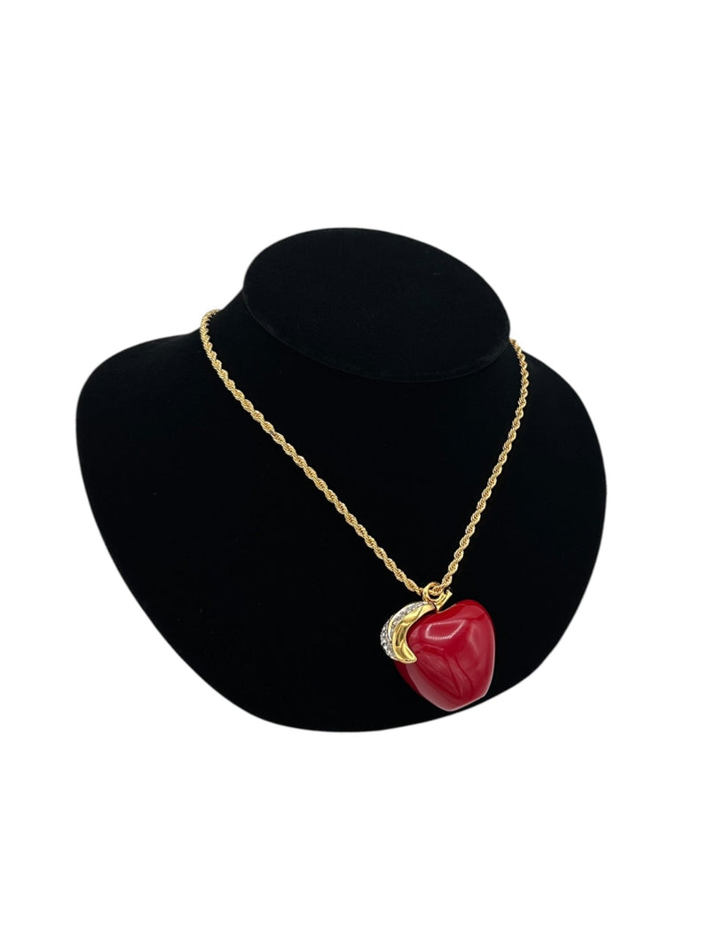 Kenneth Jay Lane KJL Red Apple Pendant Pave Rhinestone Leaf Pendant Long Gold Rope Chain - 24 Wishes Vintage Jewelry