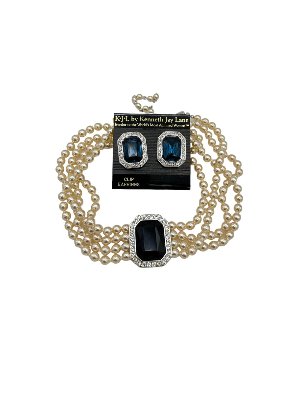 Kenneth Jay Lane Pearl Sapphire Rhinestone Statement Jewelry Set
