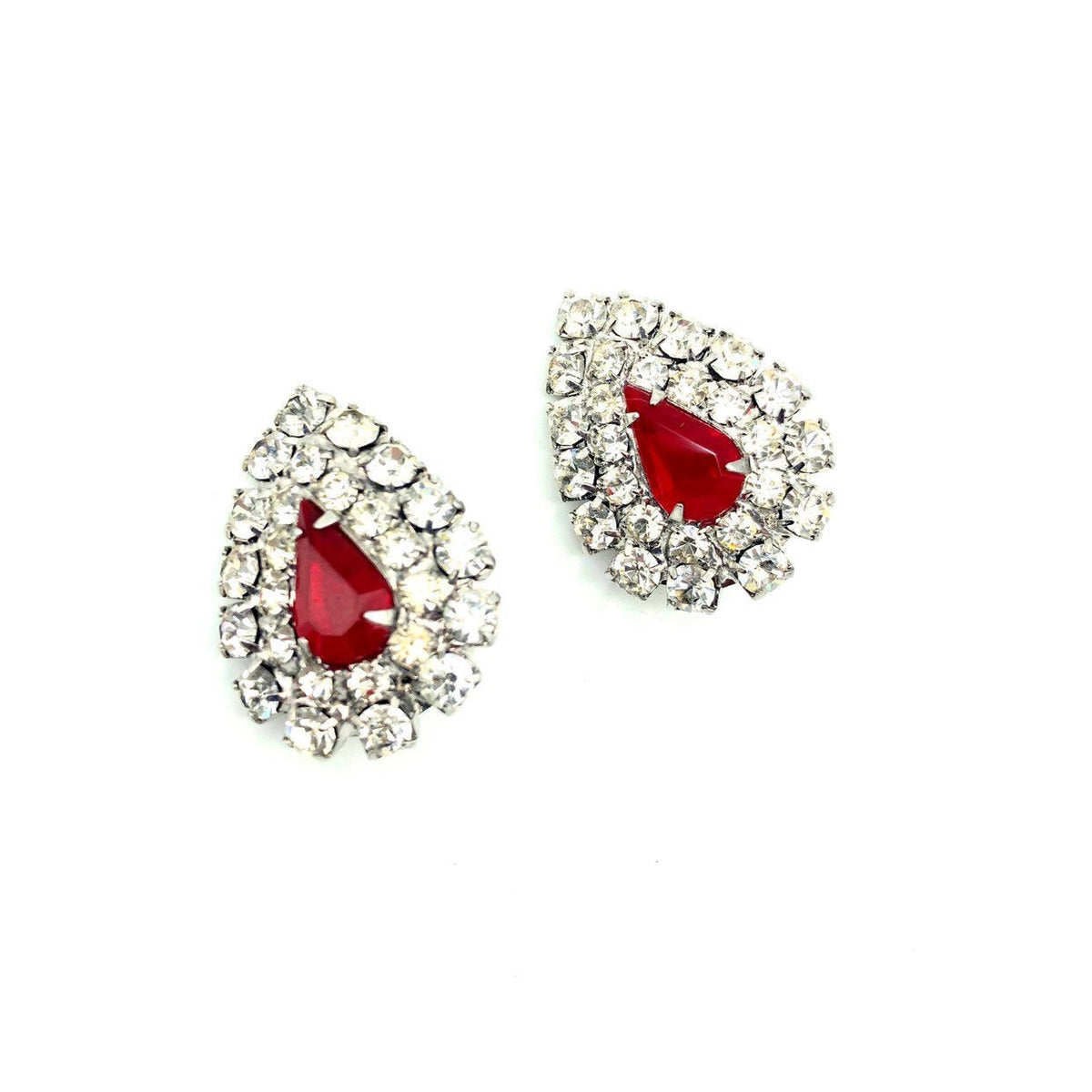 Kenneth Jay Lane Red Teardrop Rhinestone Vintage Clip - On Earrings - 24 Wishes Vintage Jewelry