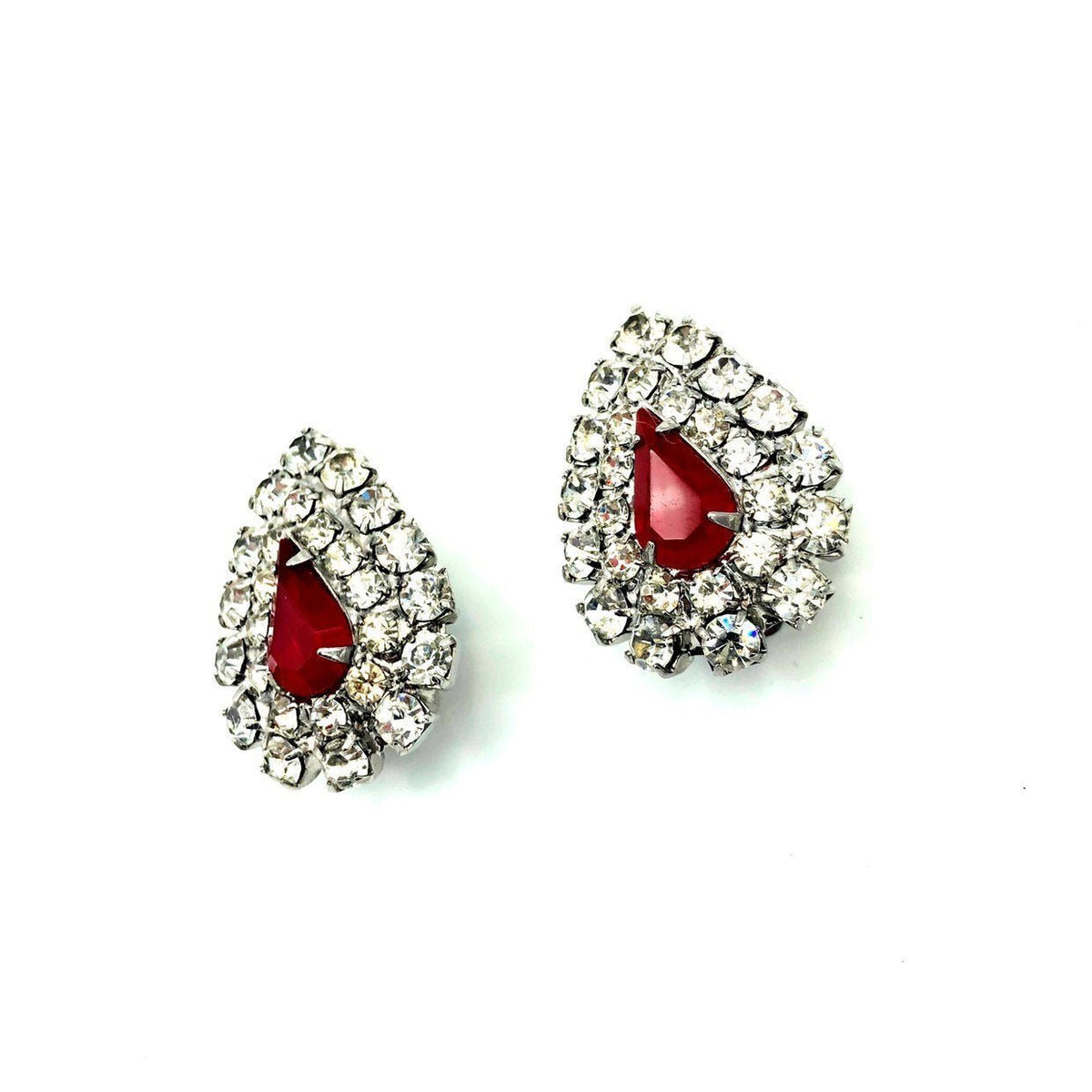 Kenneth Jay Lane Red Teardrop Rhinestone Vintage Clip - On Earrings - 24 Wishes Vintage Jewelry