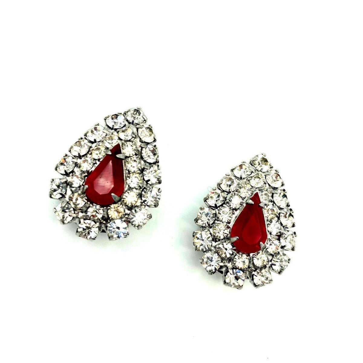 Kenneth Jay Lane Red Teardrop Rhinestone Vintage Clip - On Earrings - 24 Wishes Vintage Jewelry