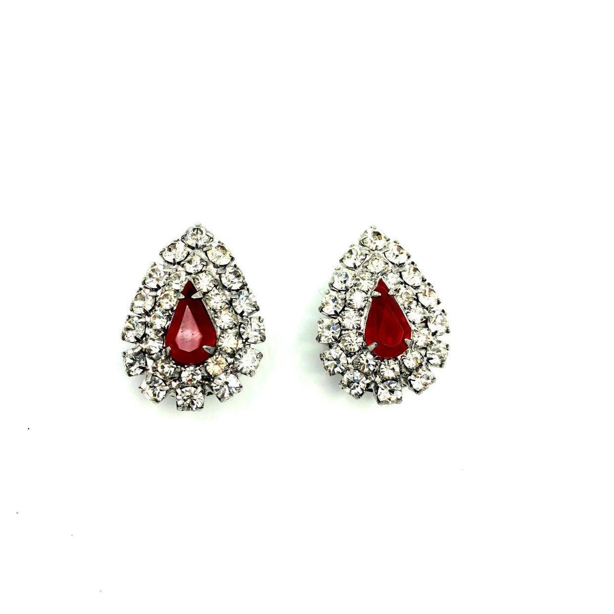 Kenneth Jay Lane Red Teardrop Rhinestone Vintage Clip - On Earrings - 24 Wishes Vintage Jewelry