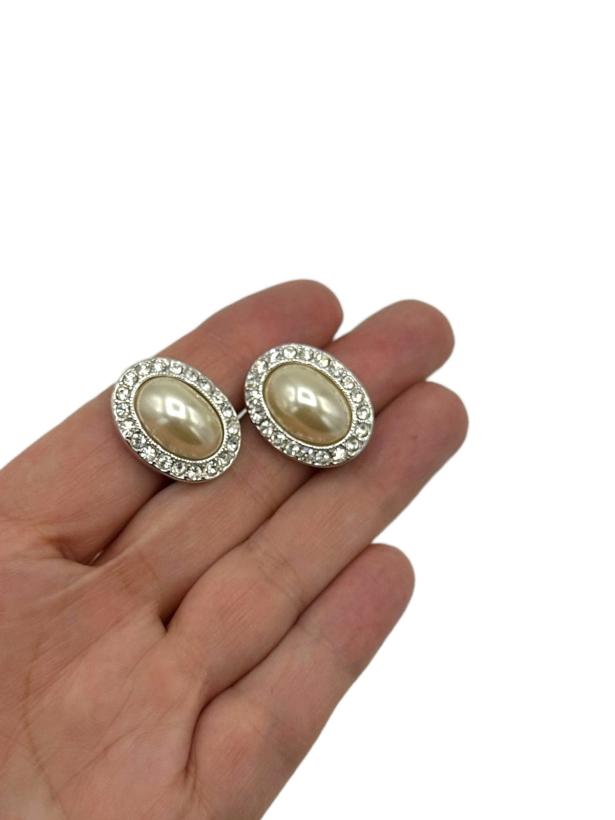 Kenneth Jay Lane Silver Rhinestone Pearl Vintage Clip - On Earrings - 24 Wishes Vintage Jewelry