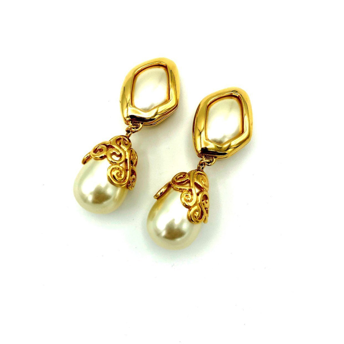 Kenneth Jay Lane Statement Pearl Dangle Vintage Clip - On Earrings - 24 Wishes Vintage Jewelry