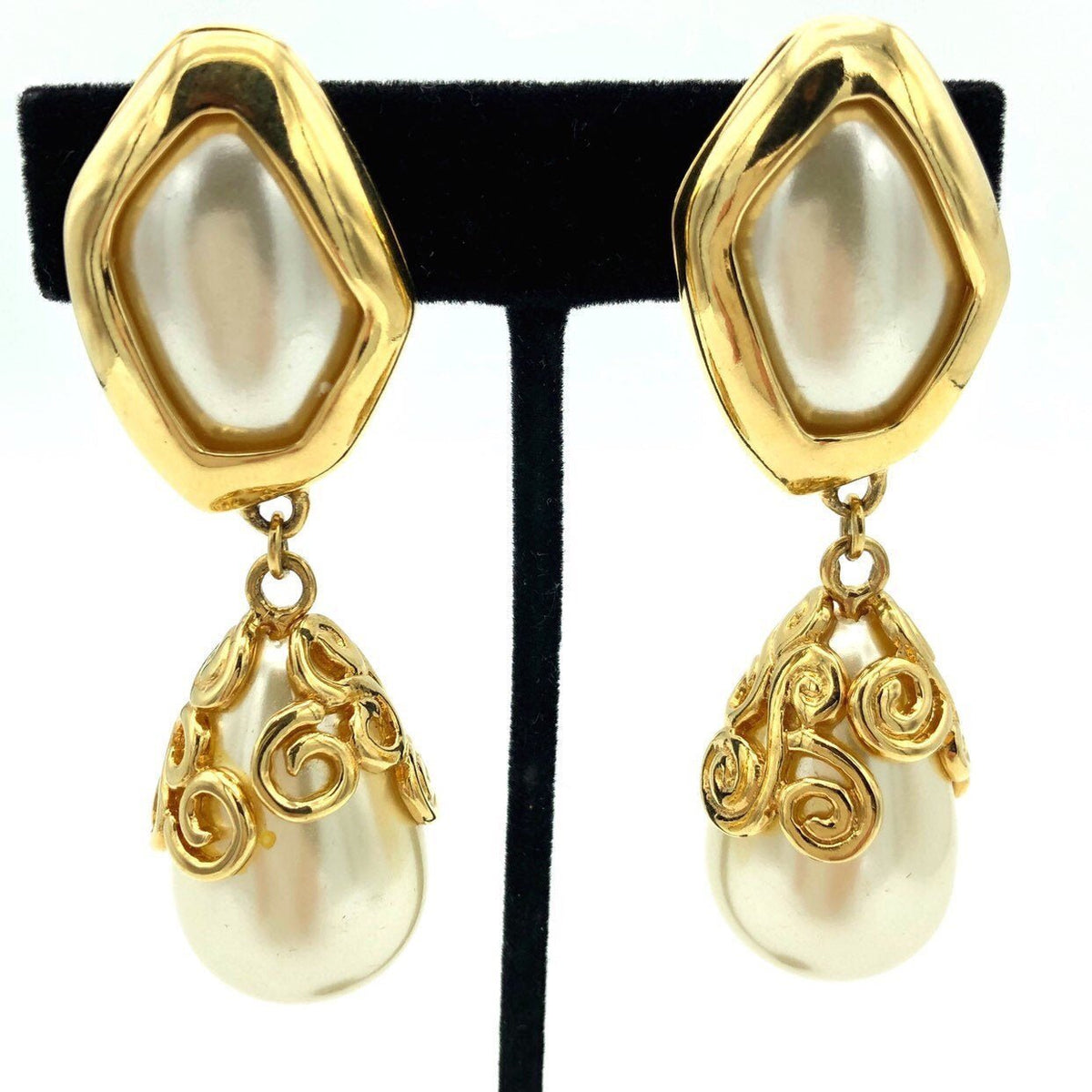 Kenneth Jay Lane Statement Pearl Dangle Vintage Clip - On Earrings - 24 Wishes Vintage Jewelry