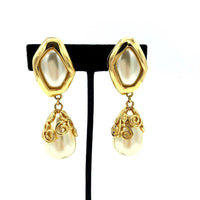 Kenneth Jay Lane Statement Pearl Dangle Vintage Clip - On Earrings - 24 Wishes Vintage Jewelry