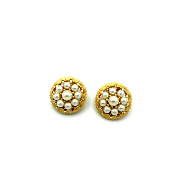 Kramer Gold Pearl Classic Vintage Button Clip - On Earrings - 24 Wishes Vintage Jewelry