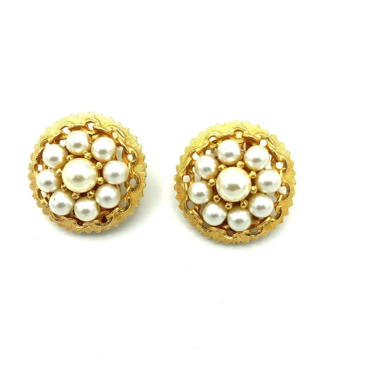 Kramer Gold Pearl Classic Vintage Button Clip - On Earrings - 24 Wishes Vintage Jewelry