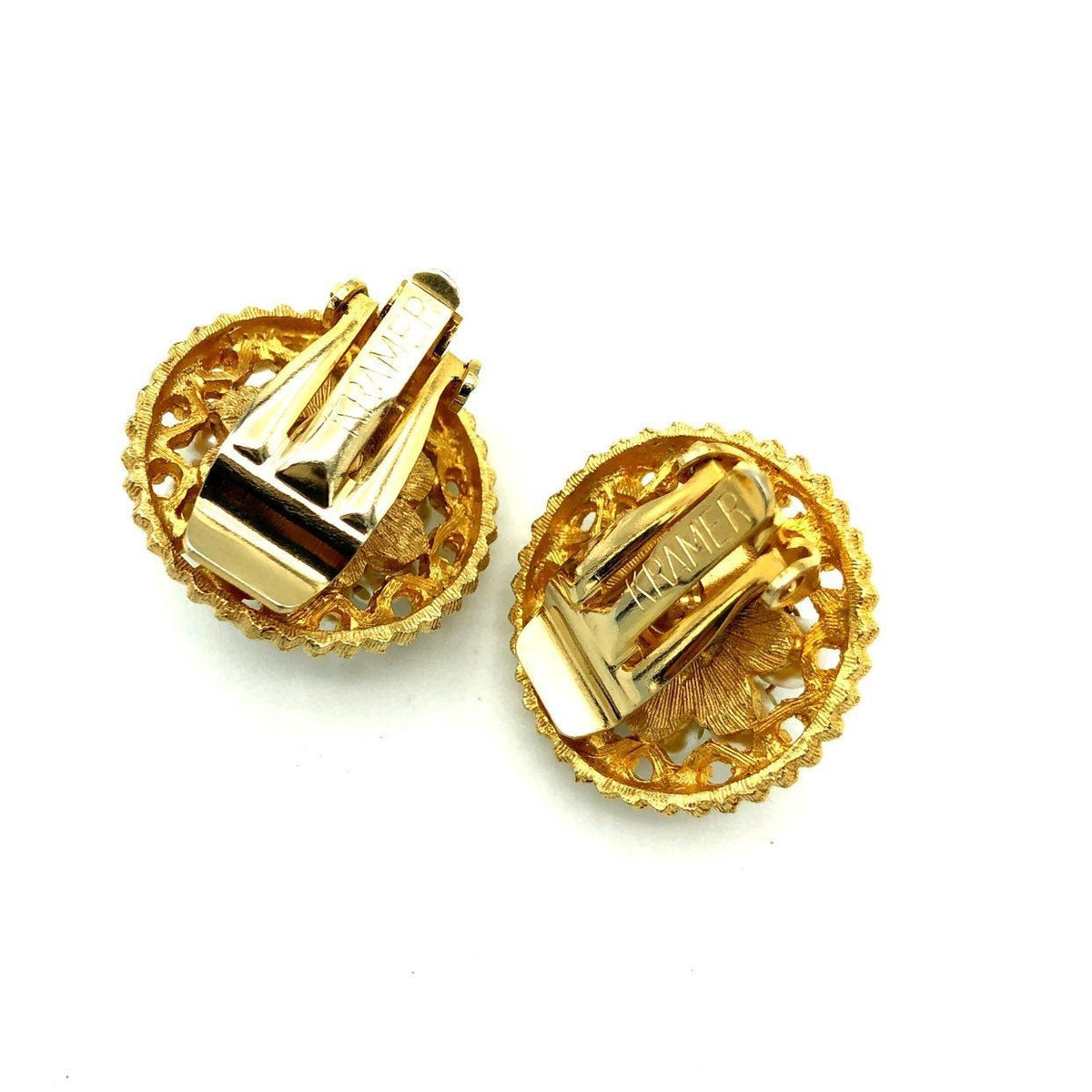 Kramer Gold Pearl Classic Vintage Button Clip - On Earrings - 24 Wishes Vintage Jewelry