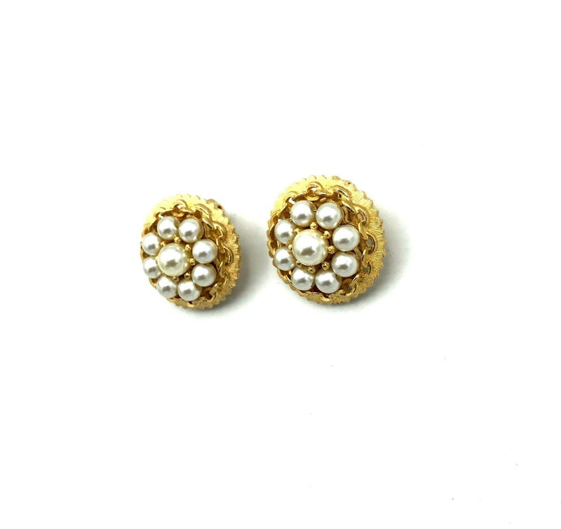 Kramer Gold Pearl Classic Vintage Button Clip - On Earrings - 24 Wishes Vintage Jewelry