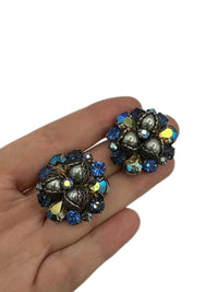 Kramer Layered Blue Rhinestone & Pearl Floral Clip - On Earrings - 24 Wishes Vintage Jewelry