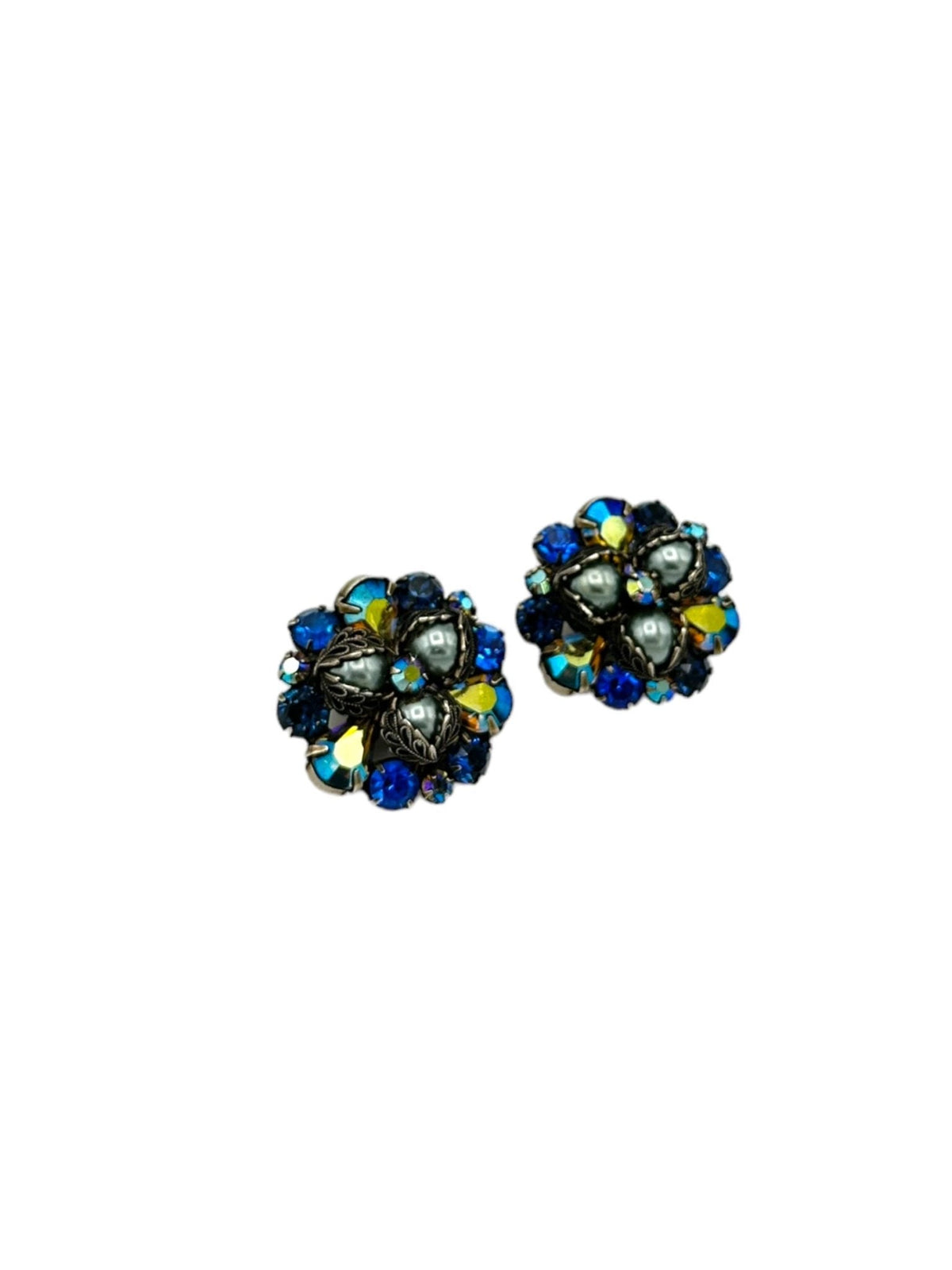 Kramer Layered Blue Rhinestone & Pearl Floral Clip - On Earrings - 24 Wishes Vintage Jewelry