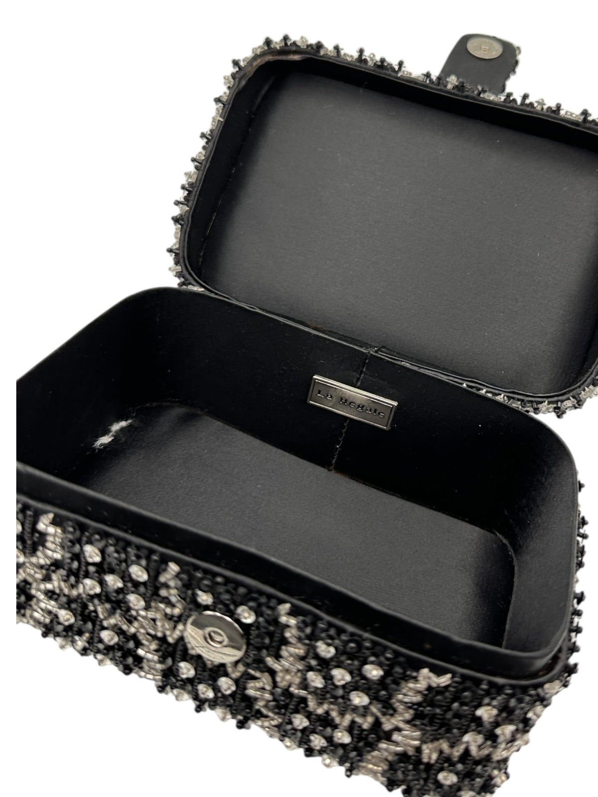 La Regale Small Black & Silver Beaded Box Top Handle Handbag - 24 Wishes Vintage Jewelry