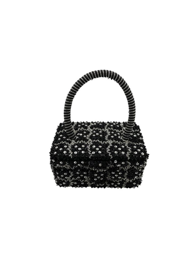 La Regale Small Black & Silver Beaded Box Top Handle Handbag - 24 Wishes Vintage Jewelry