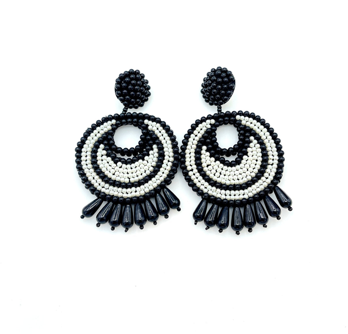 Large Black and White Beaded Kenneth Jay Lane Dangle Pierced Earrings - 24 Wishes Vintage Jewelry