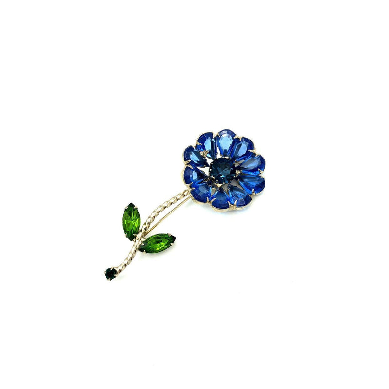 Large Blue Rhinestone Long Stem Flower Brooch - 24 Wishes Vintage Jewelry