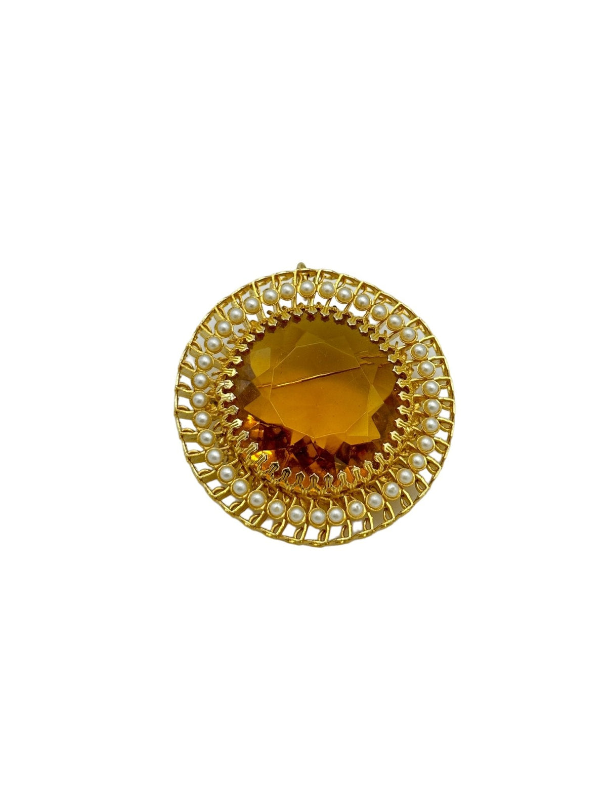 Large Gold Citrine Faceted Glass Pearl Statement Brooch Pendant - 24 Wishes Vintage Jewelry