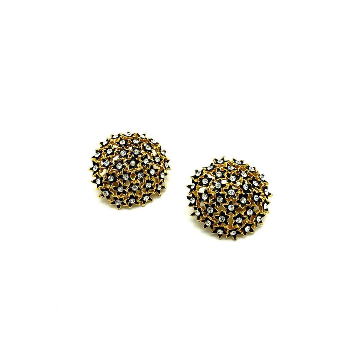 Large Gold Cluster Black Flower Rhinestone Clip - On Earrings - 24 Wishes Vintage Jewelry