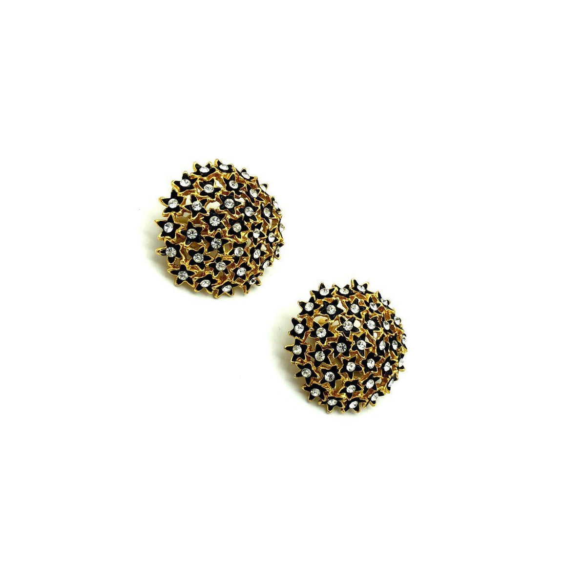 Large Gold Cluster Black Flower Rhinestone Clip - On Earrings - 24 Wishes Vintage Jewelry