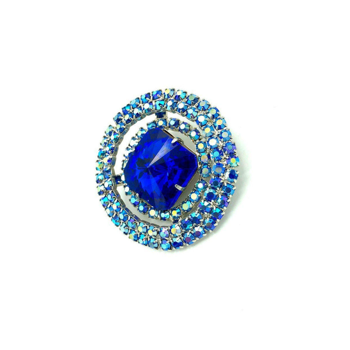 Large Layered Blue Rhinestone Vintage Circle Brooch - 24 Wishes Vintage Jewelry