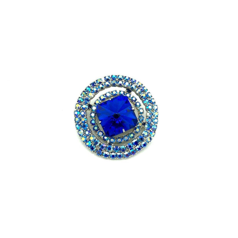 Large Layered Blue Rhinestone Vintage Circle Brooch - 24 Wishes Vintage Jewelry