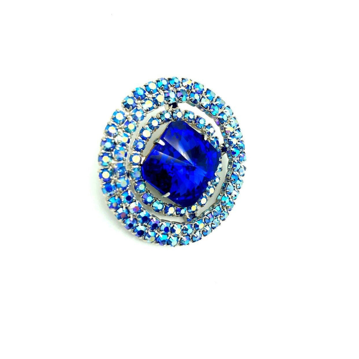 Large Layered Blue Rhinestone Vintage Circle Brooch - 24 Wishes Vintage Jewelry