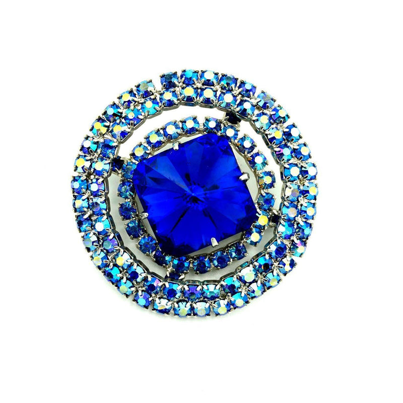 Large Layered Blue Rhinestone Vintage Circle Brooch - 24 Wishes Vintage Jewelry