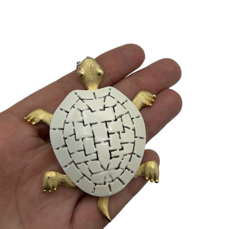 Large Vintage White Enamel Turtle Vintage Pendant - 24 Wishes Vintage Jewelry