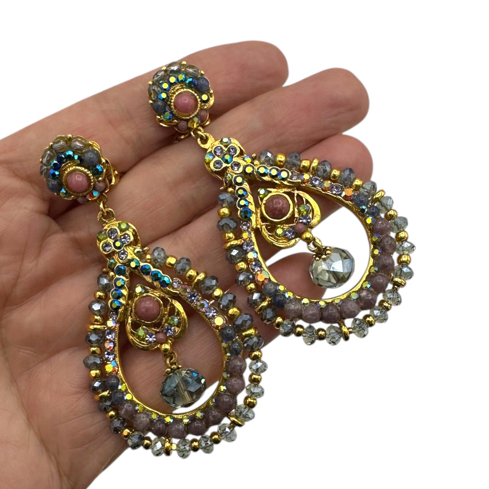 Larisa Barrera Crystal & Beaded Teardrop Dangle Clip - On Earrings Earrings 24 Wishes Vintage Jewelry
