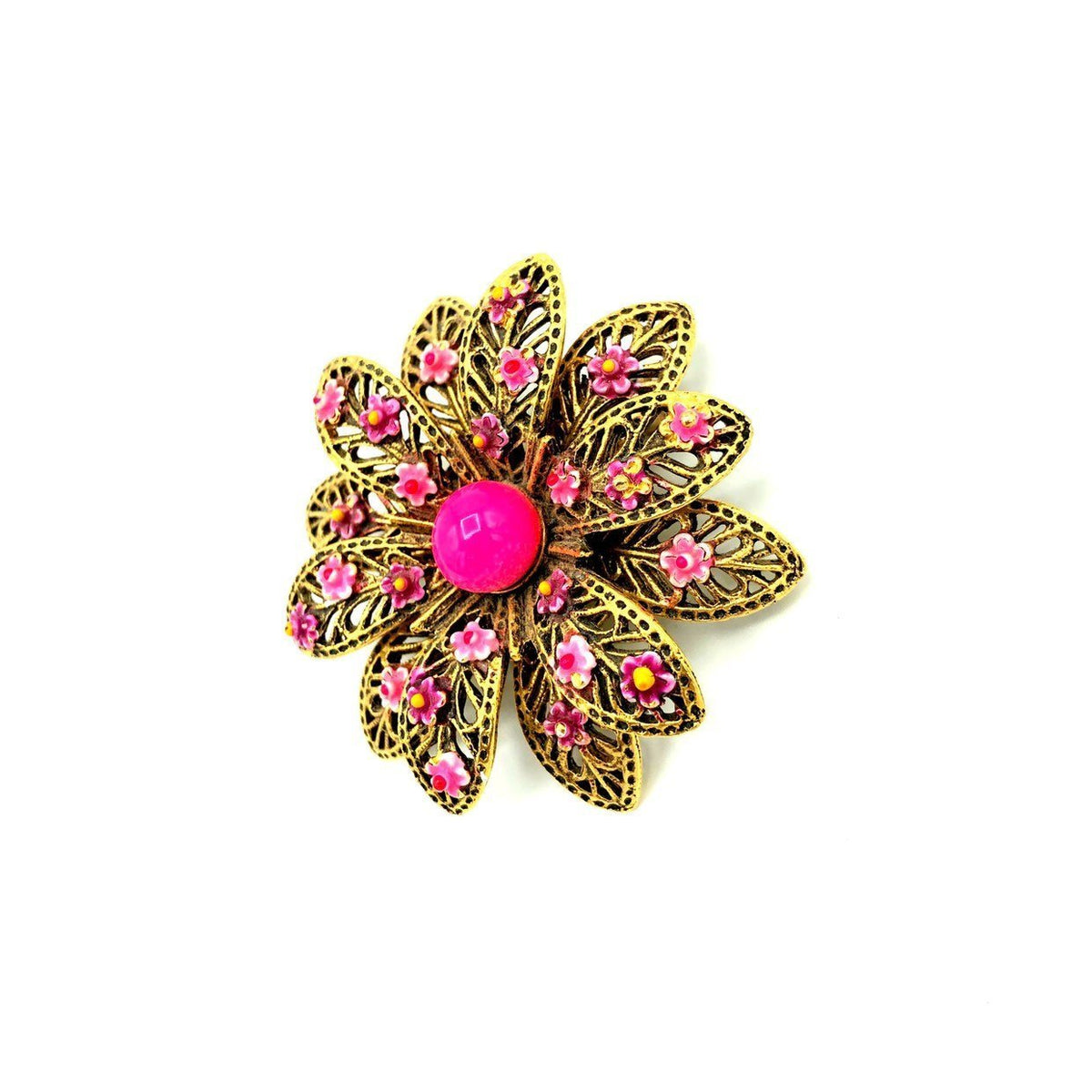 Layered Filigree Pink Enamel Vintage Brooch - 24 Wishes Vintage Jewelry