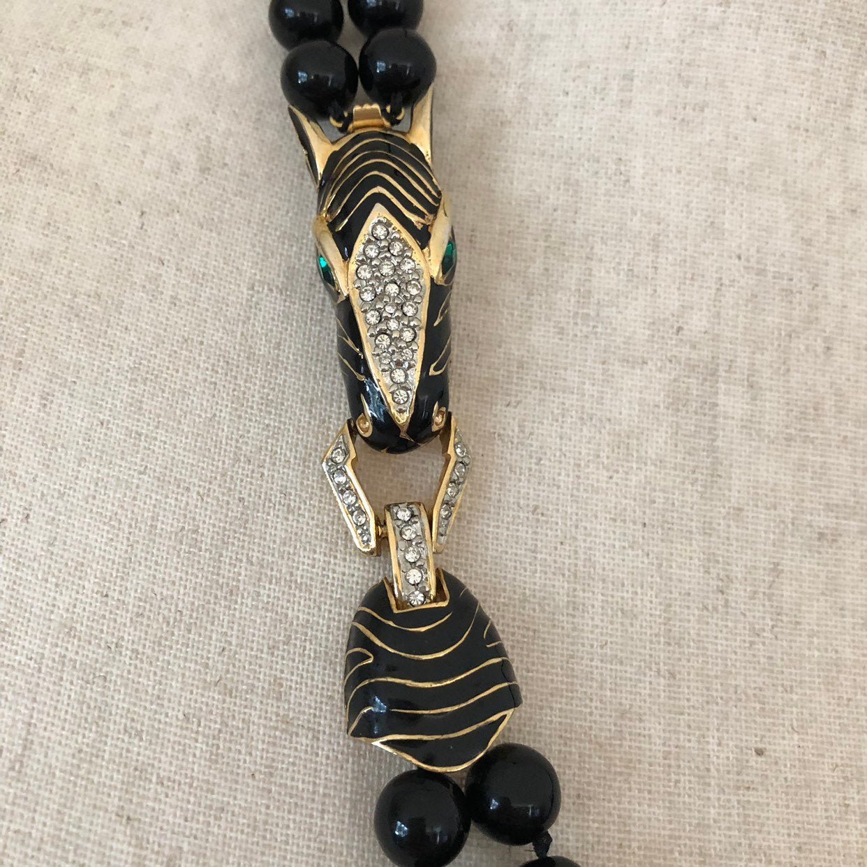 ZEBRA Painted FACE PENDANT Necklace - cheapest Black Beads - Bakelite?